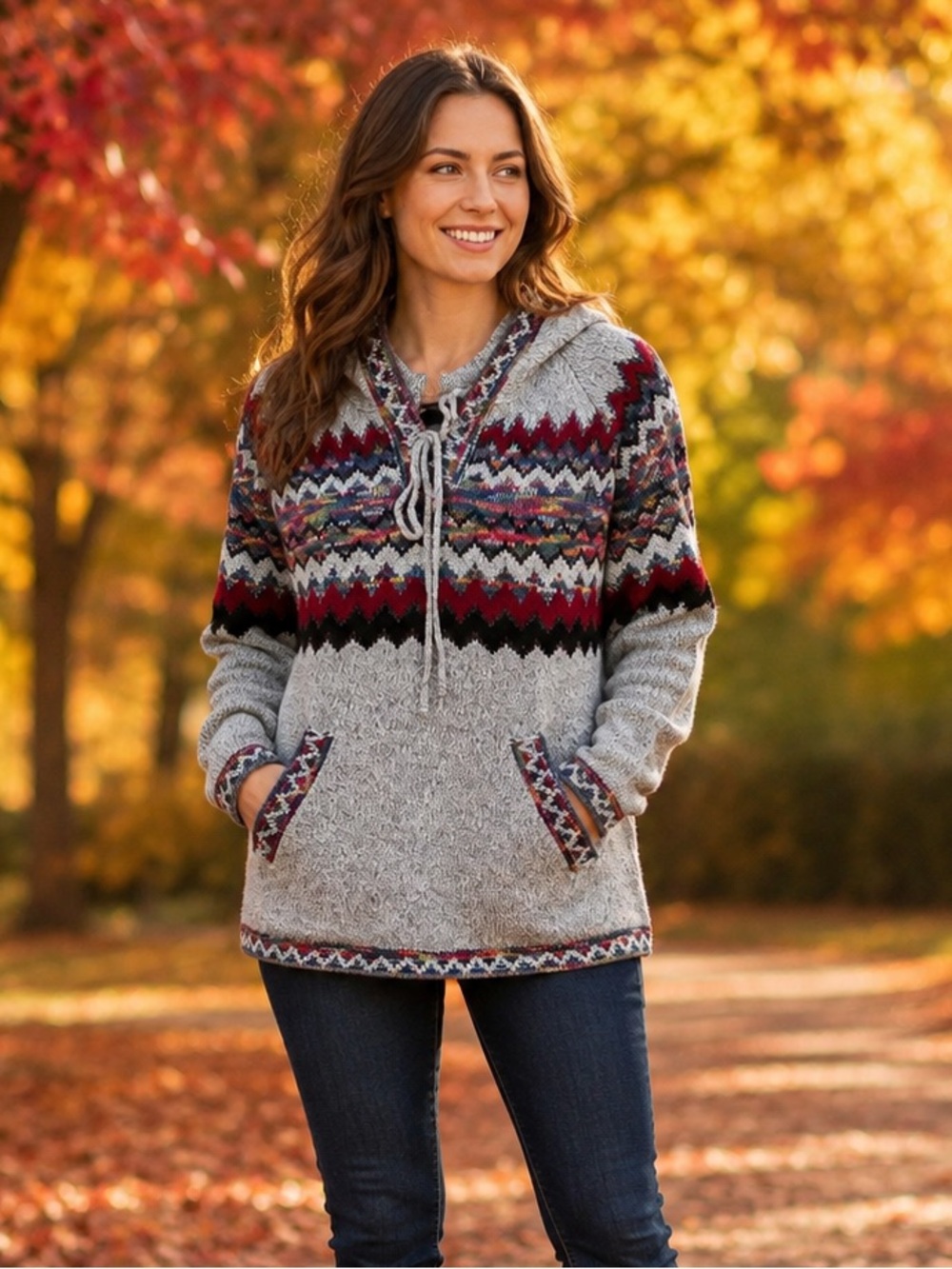 Papillon Fair Isle Hooded Sweater Womens Medium Gray Lace-Up Pullover Pockets